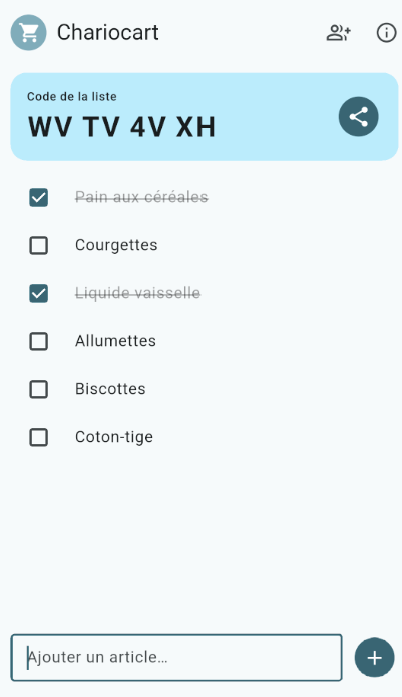 Application Chariocart affichant une liste de courses avec le code de partage WV TV 4V XH